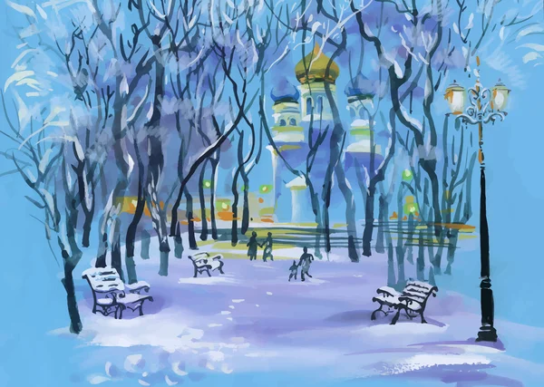 Paysage d'hiver avec église dans le parc — Image vectorielle