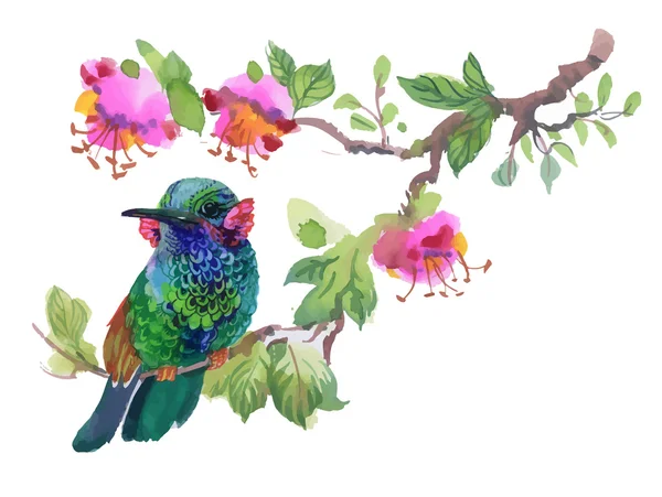 Ptáček na větvi se zelenými listy a květy — Stockový vektor