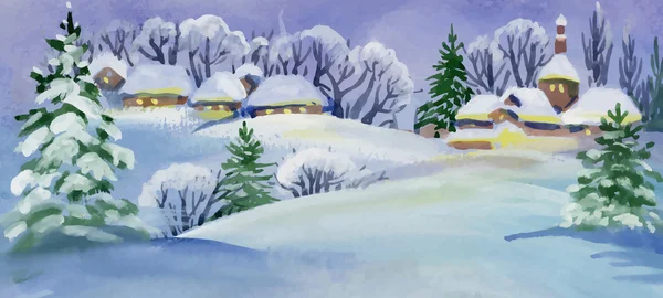 Τοπίο ακουαρέλα χειμώνα με χιονισμένο σπίτια εικονογράφηση. — Διανυσματικό Αρχείο