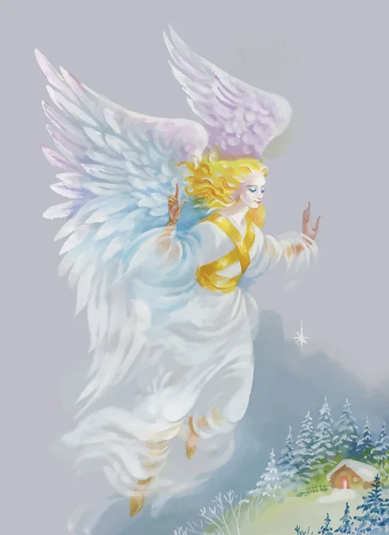 Feliz Navidad y Año Nuevo Tarjeta de felicitación con hermoso ángel con alas, Acuarela Ilustración . — Vector de stock