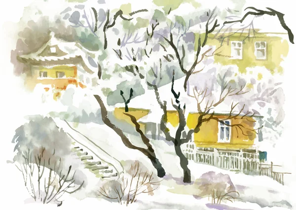 Watercolor winter landscape. — Stock Vector