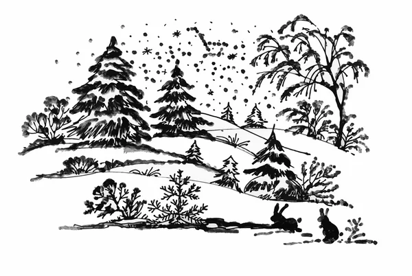 Aquarelle hiver Paysage forestier de conifères avec lapins, illustration vectorielle . — Image vectorielle