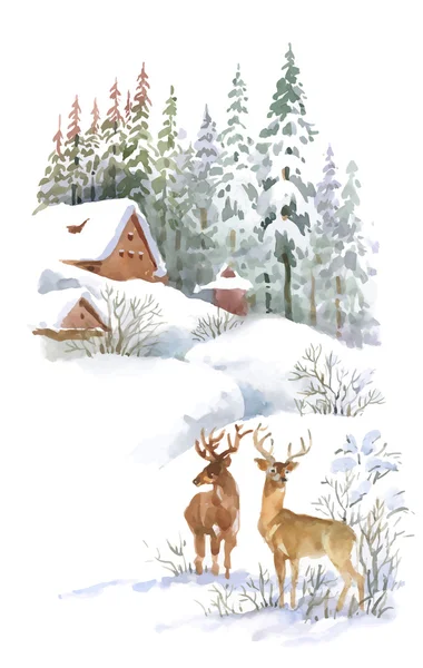 Akvarell vinterlandskap med hjortar. — Stock vektor