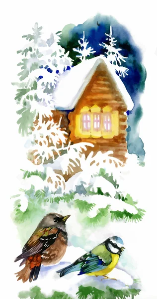 Watercolor winter landscape with snowy house with birds illustration. Royalty Free Stock Illustrations