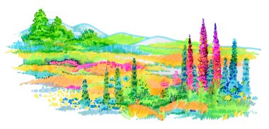 El çekilmiş çiçekler ve ağaçlar çayır üzerinde.