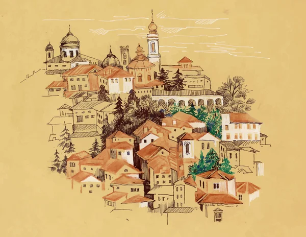 Akvarel panoráma města s domy ilustrace — Stockový vektor