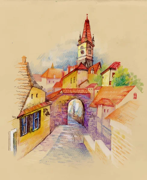 Aquarel herfst stad Street — Stockvector