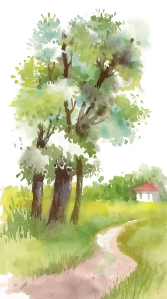 Aquarelle paysage peinture avec floraison arbre de printemps avec des fleurs . — Image vectorielle