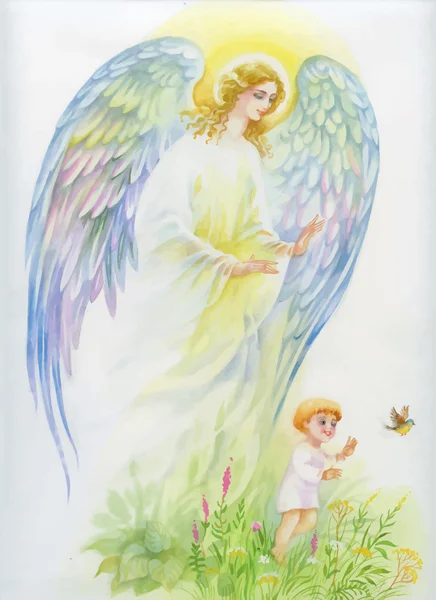 Krásný anděl s křídly létání nad dítětem. — Stockový vektor