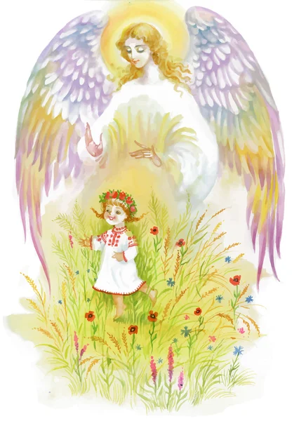 Anjo bonito com asas voando sobre bebê menina . — Vetor de Stock