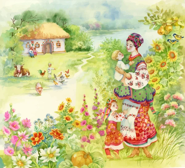 Акварель сельской местности пейзаж с маленьким мальчиком кормить сельскохозяйственных животных над женщиной в народном костюме с детьми — стоковый вектор