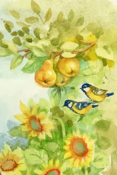 Aquarel zonnebloemen en peren in boomgaard met Mees vogels. — Stockvector