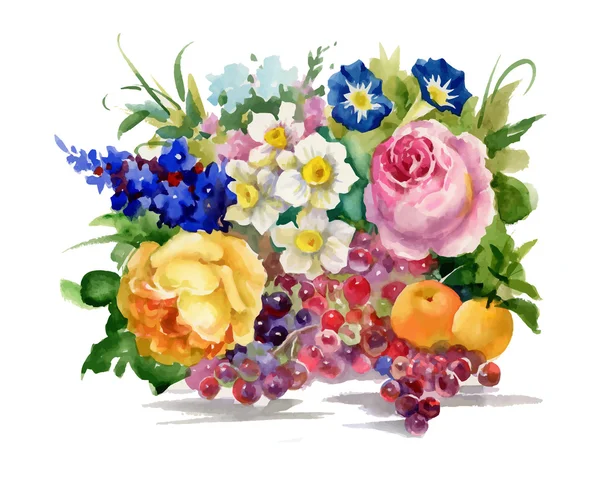 Sommerblumen und reife Früchte Aquarell Illustration. — Stockvektor