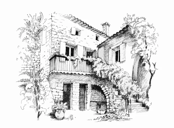 Suluboya cityscape evleri çizim ile. — Stok Vektör