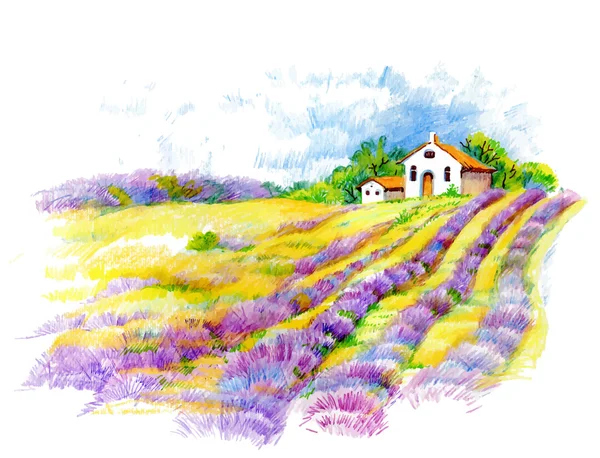 Aquarela casa rural em verde dia de verão ilustração . — Vetor de Stock