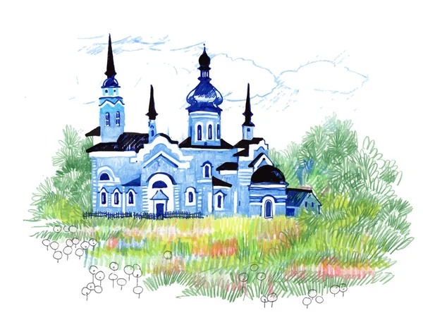 Blue church in field — Stock Vector