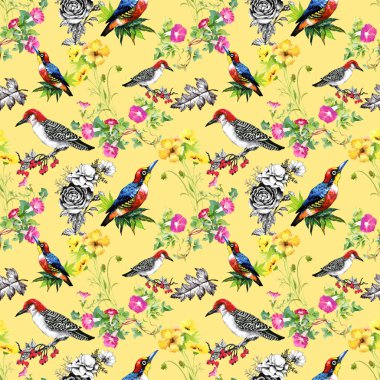 Güzel çiçekler ve kuşlar ile desen 