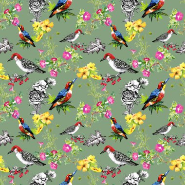 Güzel çiçekler ve kuşlar ile desen 