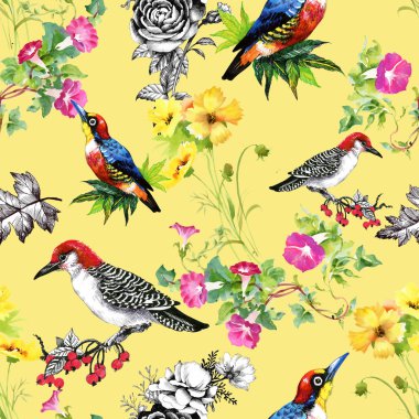 Güzel çiçekler ve kuşlar ile desen 