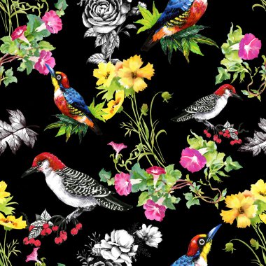 Güzel çiçekler ve kuşlar ile desen 