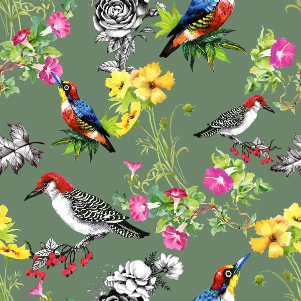 Pattern with beautiful flowers and birds — Stock Photo, Image