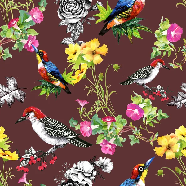 Μοτίβο με όμορφα λουλούδια και πουλιά — Φωτογραφία Αρχείου