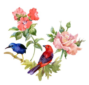 Güzel çiçekler ile egzotik kuşlar