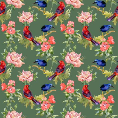 Güzel çiçekler ile egzotik kuşlar desenle
