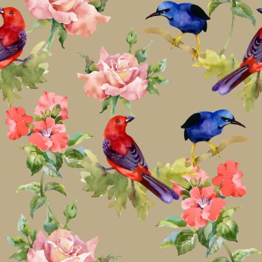 Güzel çiçekler ile egzotik kuşlar desenle