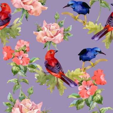 Güzel çiçekler ile egzotik kuşlar desenle