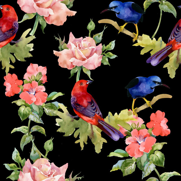 Pattern with exotic birds with beautiful flowers