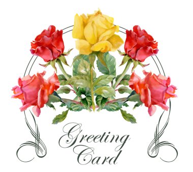 Düğün ya da doğum günü kartı. Çerçeve çiçek. Çiçekli suluboya arka plan