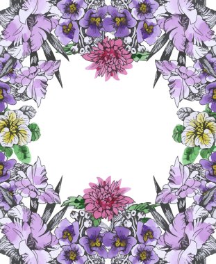 Düğün ya da doğum günü kartı. Çerçeve çiçek. Çiçekli suluboya arka plan