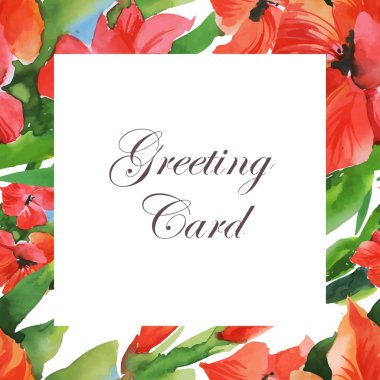 Düğün ya da doğum günü kartı. Çerçeve çiçek. Çiçekli suluboya arka plan