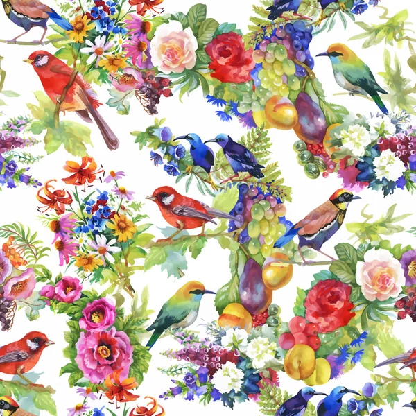 Tropische zomerbloemen en exotische vogels — Stockvector