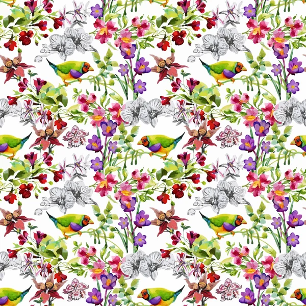 Тропические летние цветы и экзотические птицы — стоковый вектор