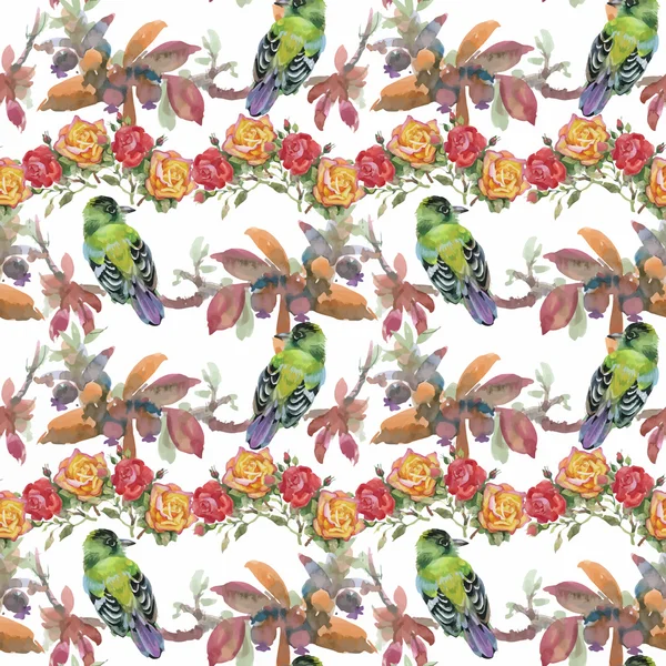 Tropische zomerbloemen en exotische vogels — Stockvector