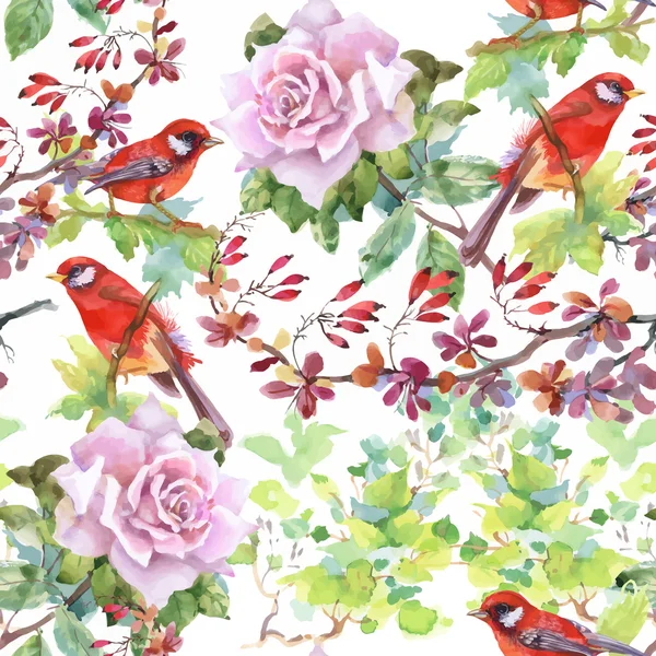 Fleurs d'été tropicales et oiseaux exotiques — Image vectorielle