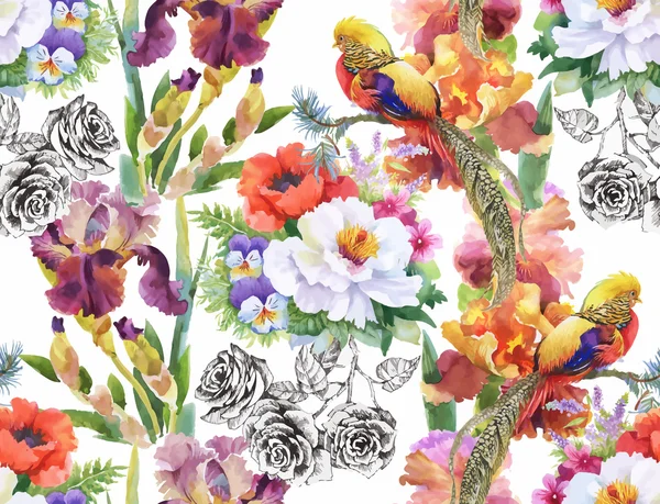 Tropische zomerbloemen en exotische vogels — Stockvector