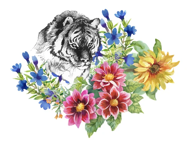Muster mit Tigern, gelben Sonnenblumen und Aquarell mehrfarbige Blumen auf weißem Hintergrund. — Stockvektor