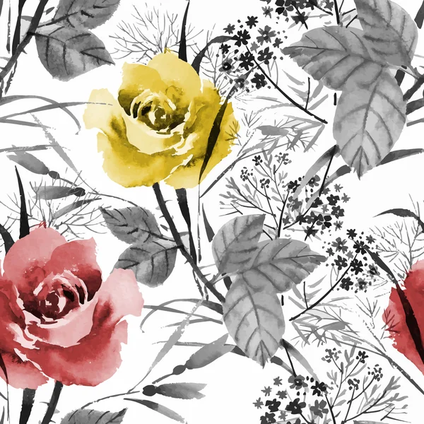 Beautiful Watercolor Summer Garden Blooming Flowers Seamless Pattern — Stock Vector