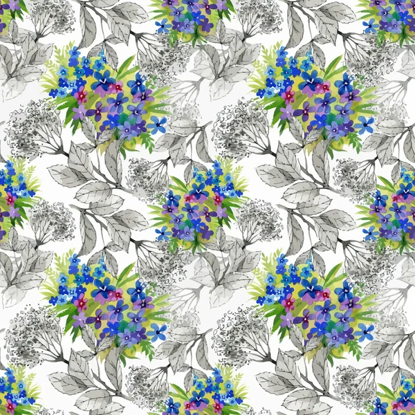 Beautiful Watercolor Summer Garden Blooming Flowers Seamless Pattern — Stock Vector