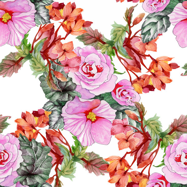 Beautiful Watercolor Summer Garden Blooming Flowers Seamless Pattern