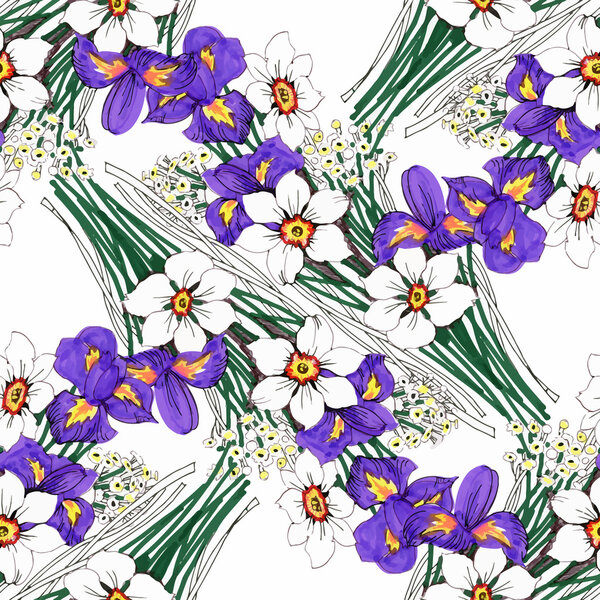 Beautiful Watercolor Summer Garden Blooming Flowers Seamless Pattern