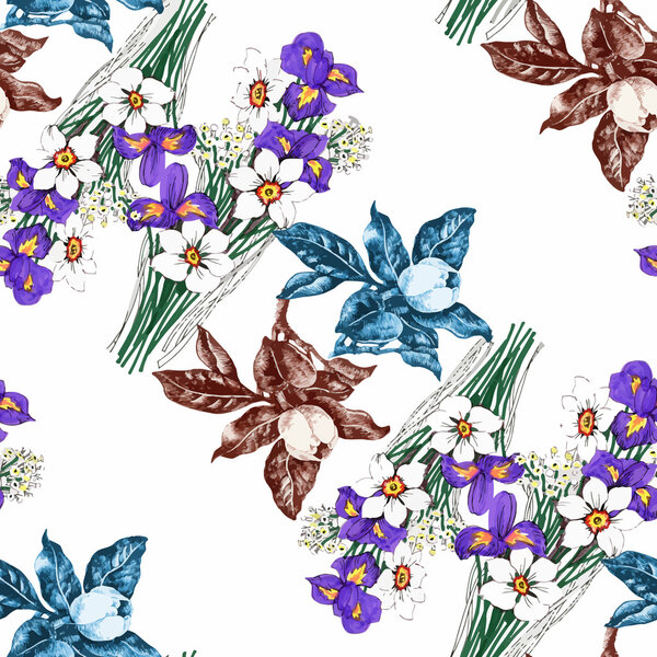 Beautiful Watercolor Summer Garden Blooming Flowers Seamless Pattern