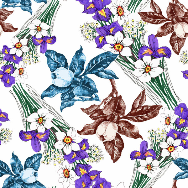Beautiful Watercolor Summer Garden Blooming Flowers Seamless Pattern