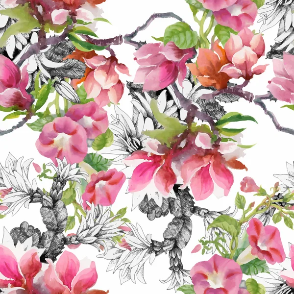 美しい水彩画の夏の庭に咲く花のシームレスなパターン — ストックベクタ