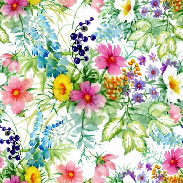 美丽的水彩画夏天花园里盛开的花无缝模式 — 图库矢量图片