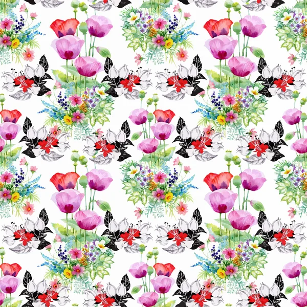 Красивий акварельний літній сад Квітучі квіти Безшовний візерунок — стоковий вектор