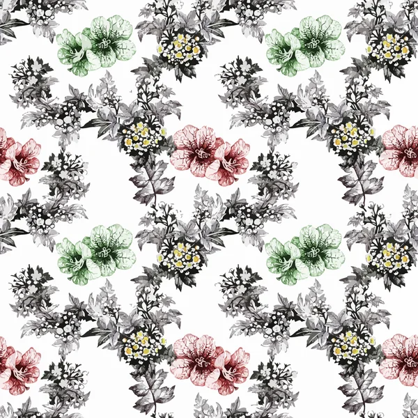 Prachtige aquarel zomertuin bloeiende bloemen naadloze patroon — Stockvector